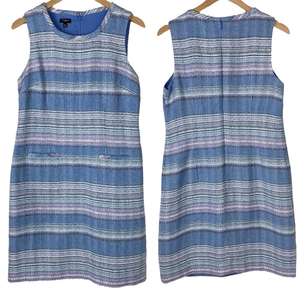 TALBOTS Blue Stripe Tweed Sleeveless Sheath Dress 10P Business Casual Spring